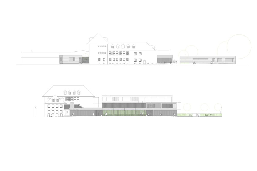 Ansicht NW Turnhalle, Werkräume, Musikschule, Kindergarten