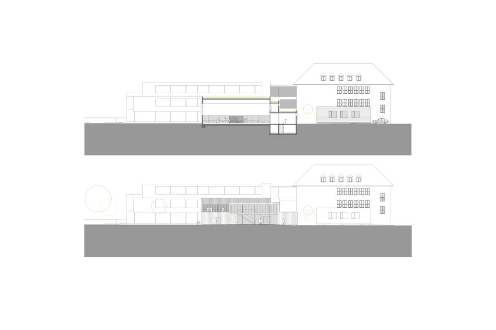 Schnitt B-B Turnhalle I Ansicht NO Turnhalle