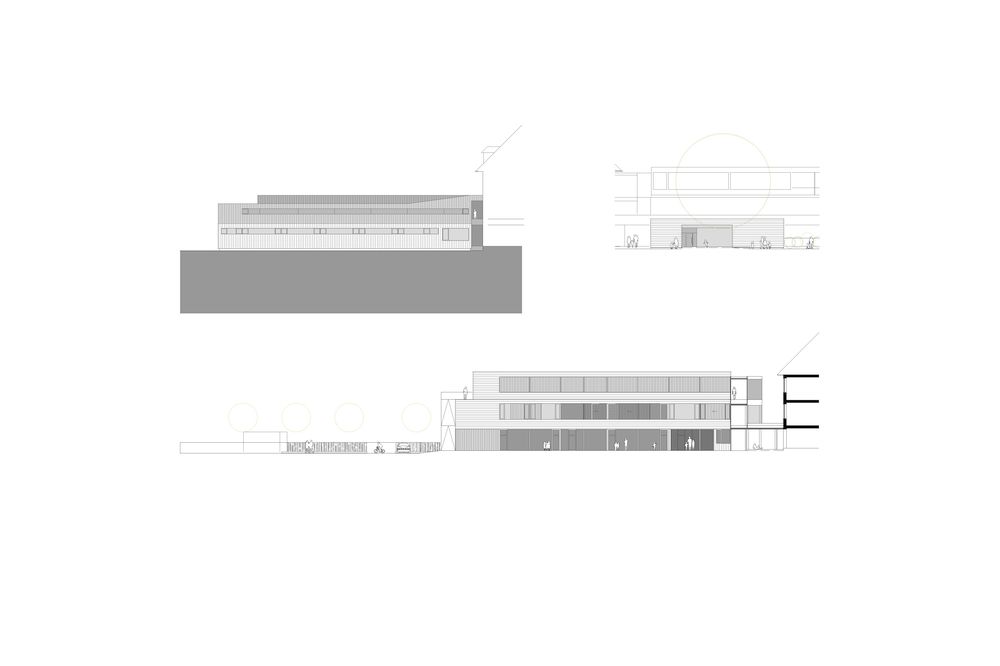 Ansicht NW Turnhalle, SW Kindergarten, NO VS, NMS
